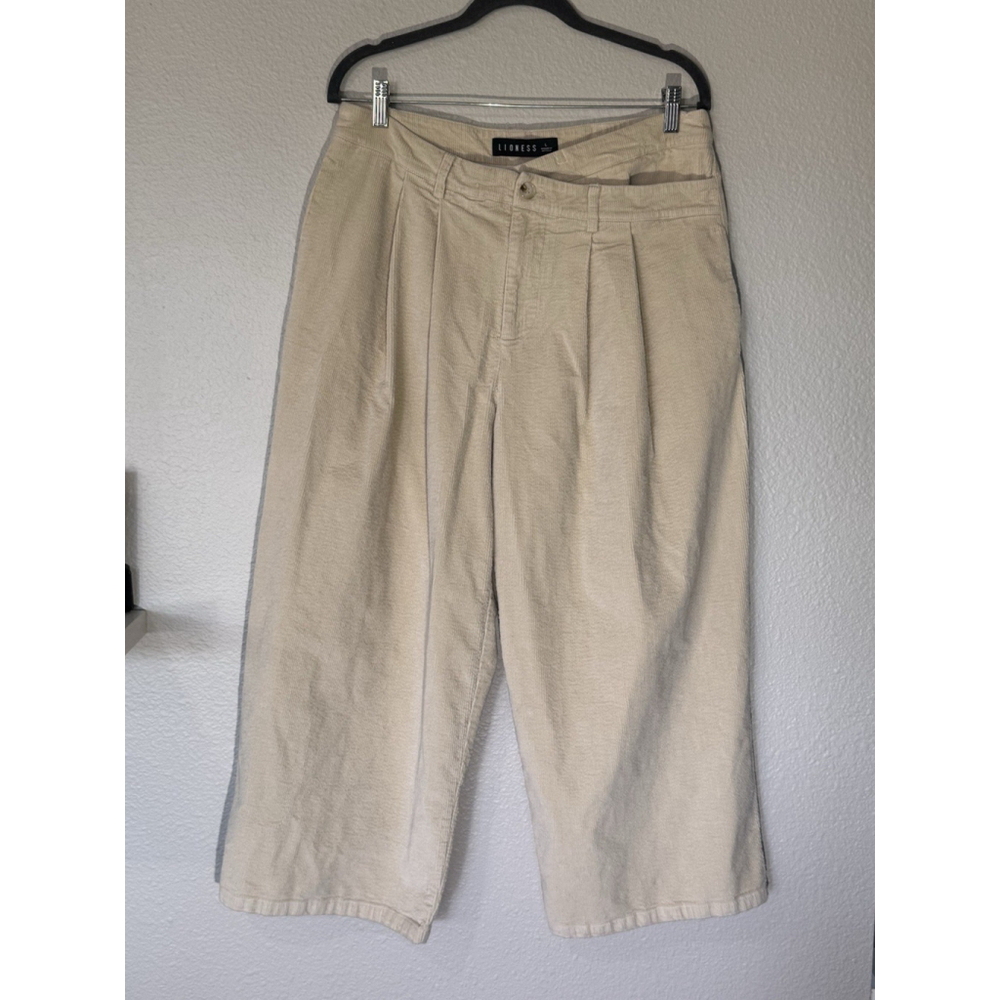 Lioness Women’s Wide Leg Corduroy Pants Beige Size L High-rise Pleated Trousers